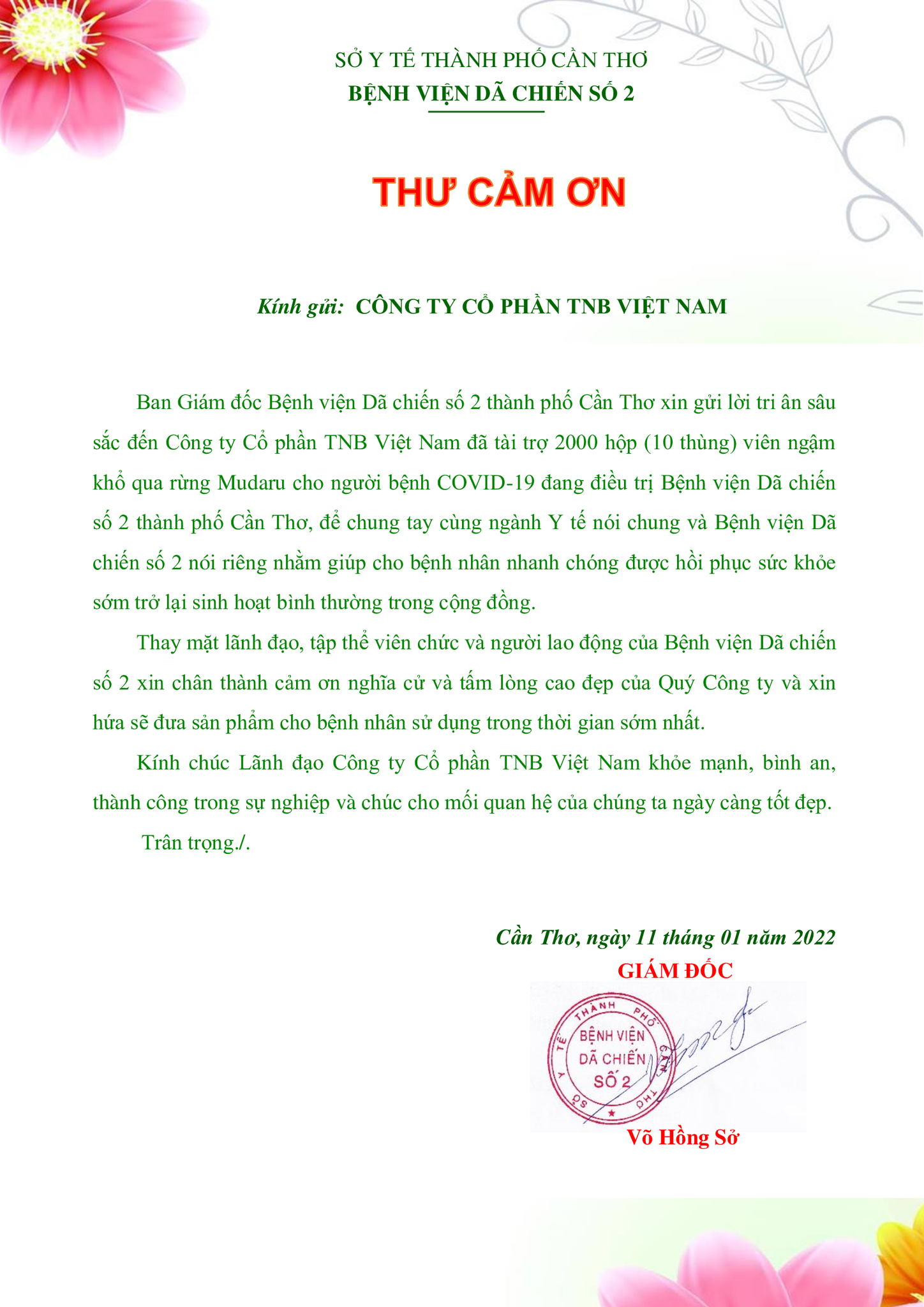 Thư cảm ơn của Giám đốc Bệnh viện Dã chiến số 2 Cần Thơ